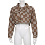 Vintage Brown Plaid Print Short Denim Jacket Women Korean Style Button Loose Jeans Coat Autumn Harajuku Outerwear 90s Iamhotty eprolo