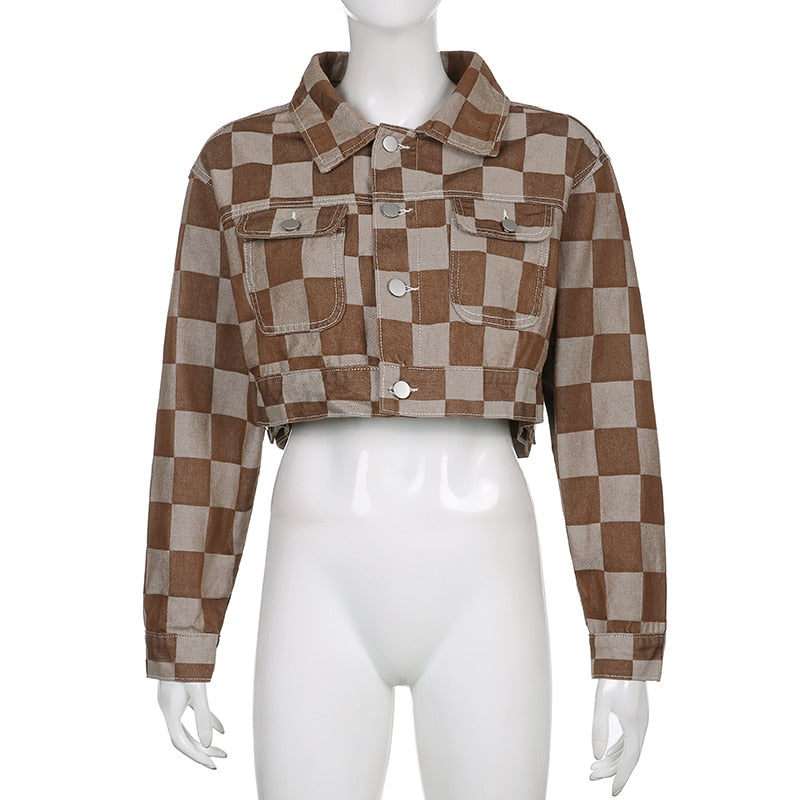 Vintage Brown Plaid Print Short Denim Jacket Women Korean Style Button Loose Jeans Coat Autumn Harajuku Outerwear 90s Iamhotty eprolo