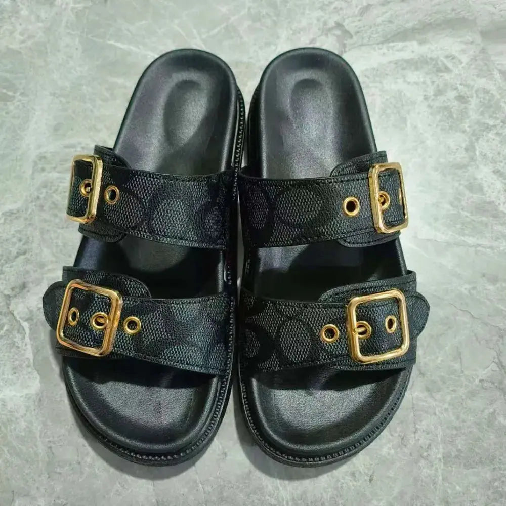 Open Toe Double Buckle Sandals.