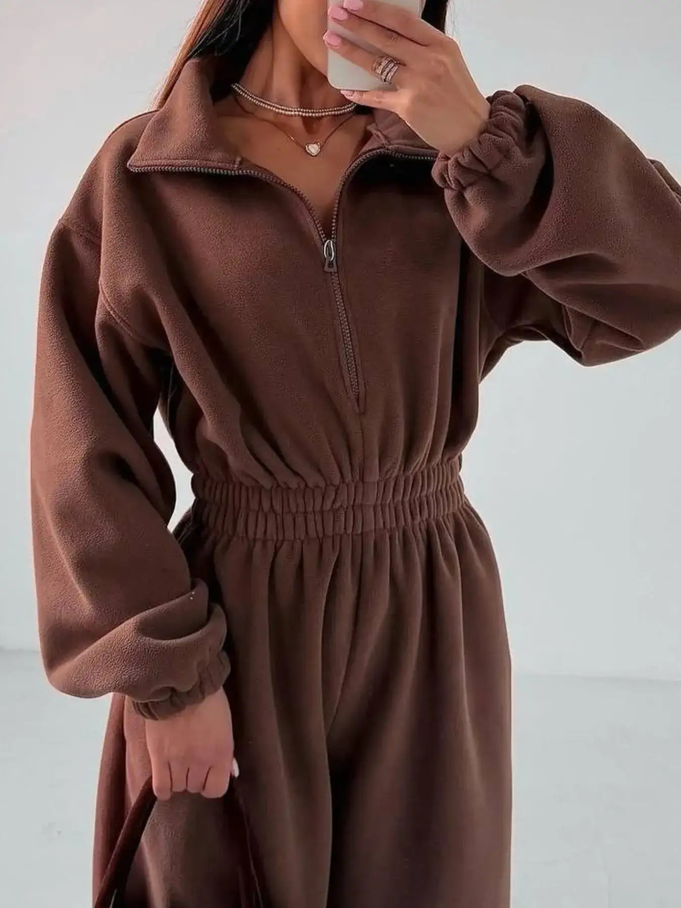 Zip Front Long Sleeve Jumpsuit.