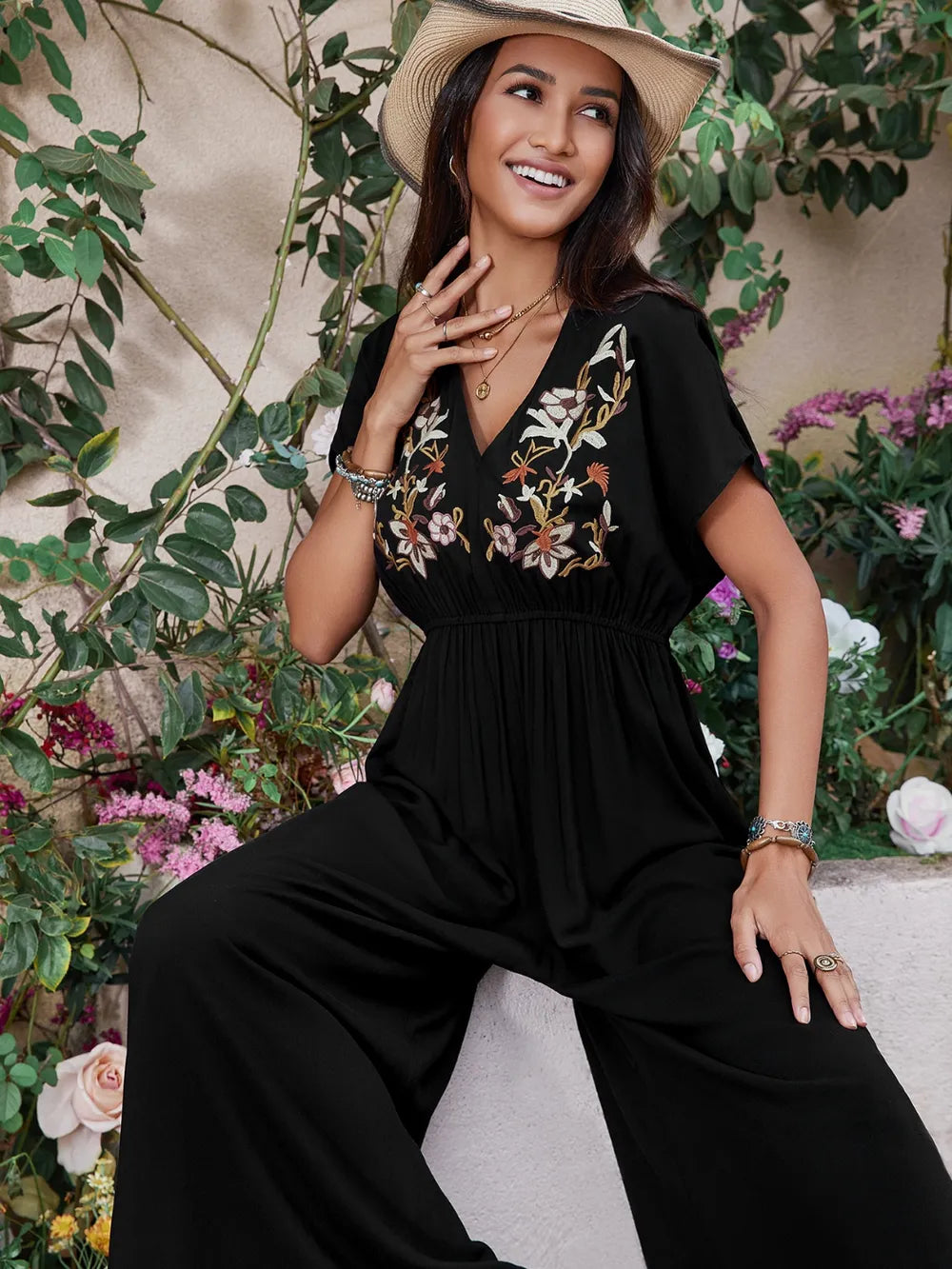 Embroidered Ruched Short Sleeve Jumpsuit - CHIC TB