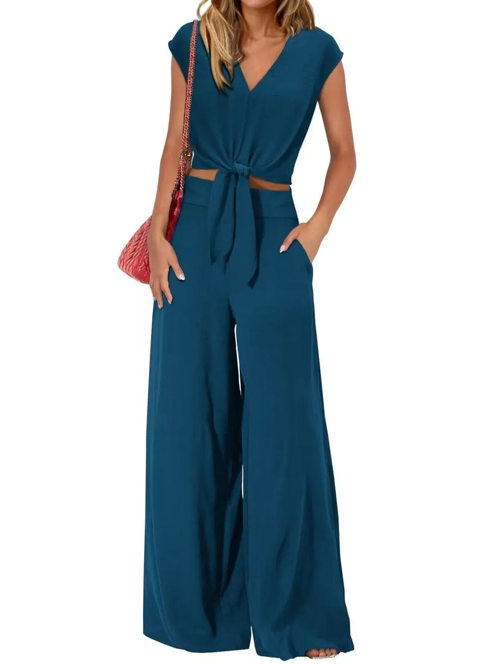 Tie Front Top and Wide Leg Pants Set.