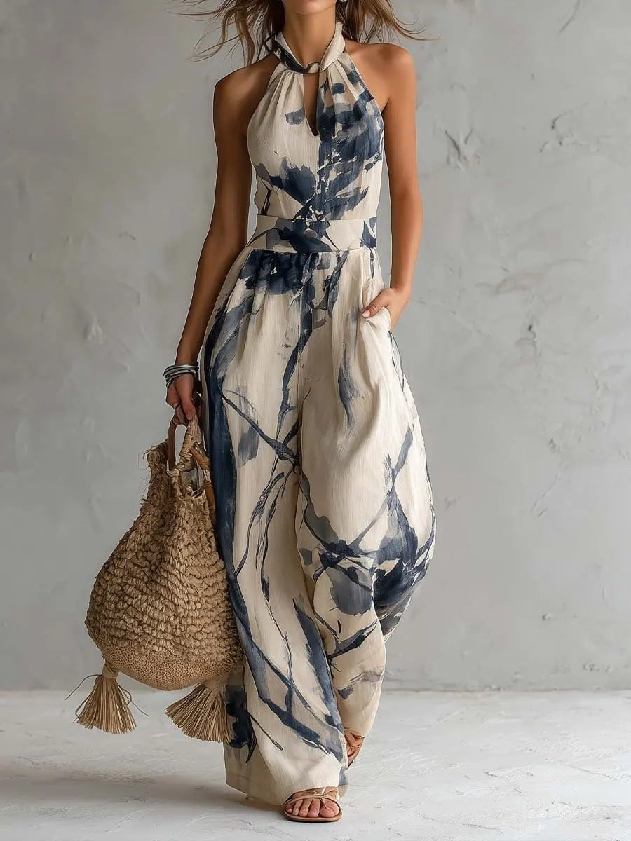 New halter backless jumpsuit, blue and white tie-dye wide-leg pants, summer beach women's wear