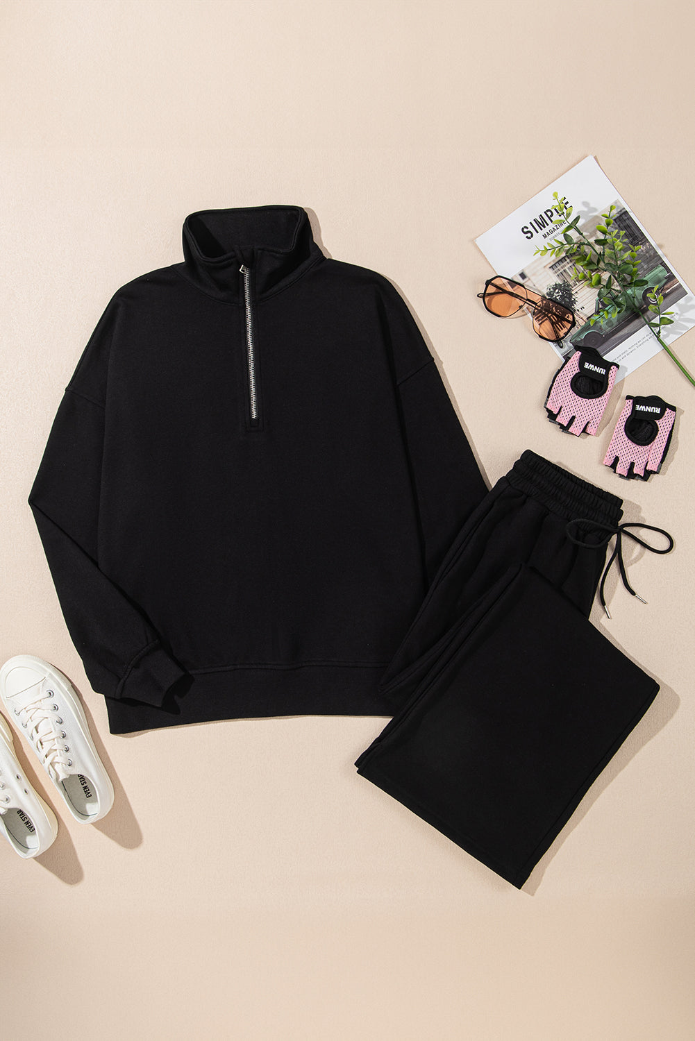 Black Zipper Stand Neck Top and Wide Leg Pants Set Dear-Lover Dropshipping