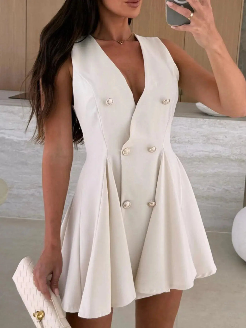 Sleeveless Double-Breasted Mini Dress.