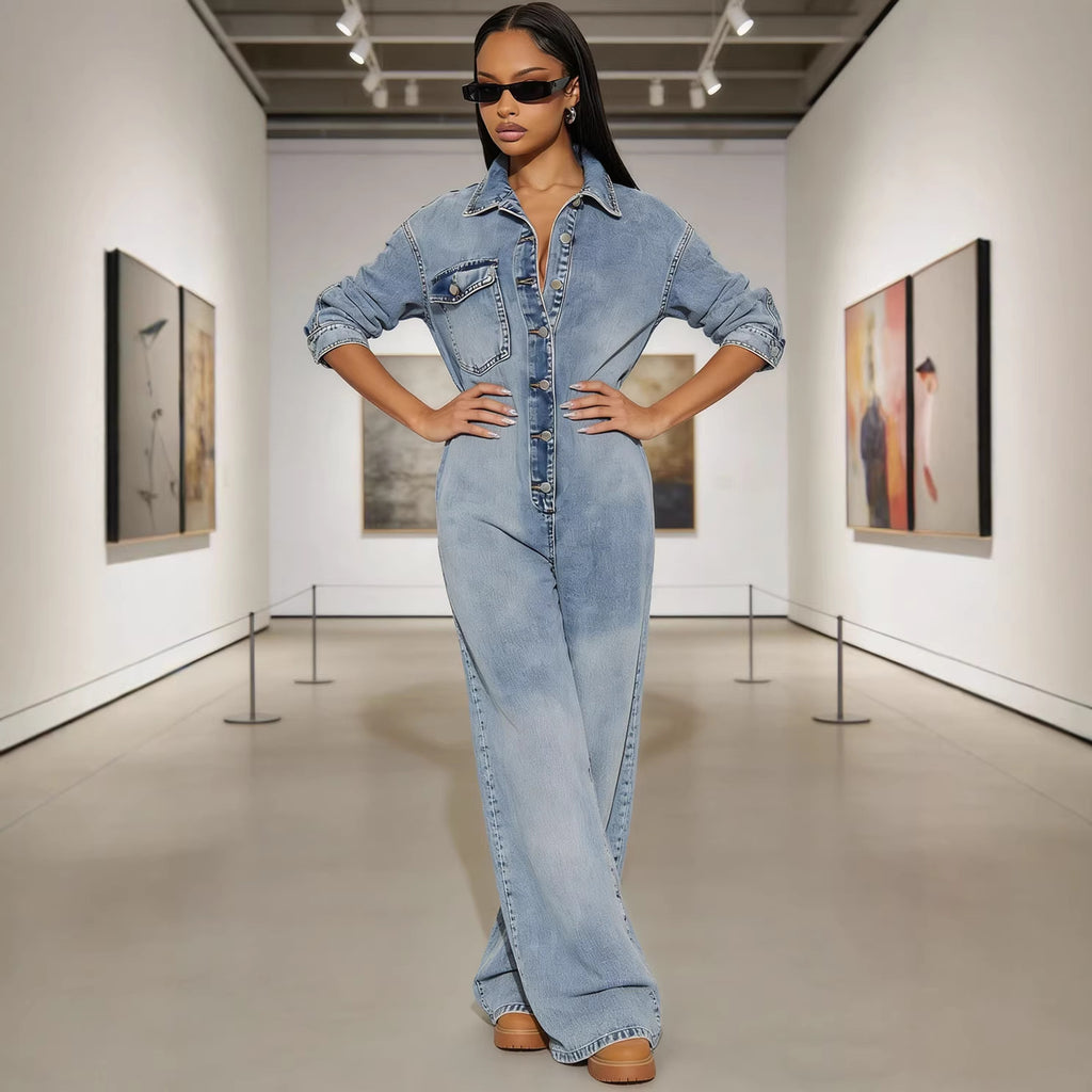 Women's Denim Jumpsuit with Button Front Long Sleeve Bodysuit