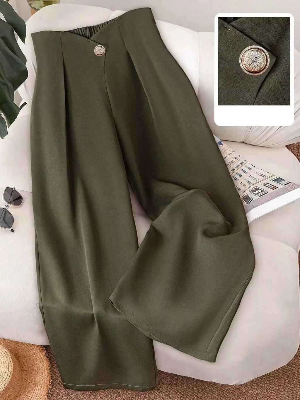 Wide-Leg Button-Accent Pants