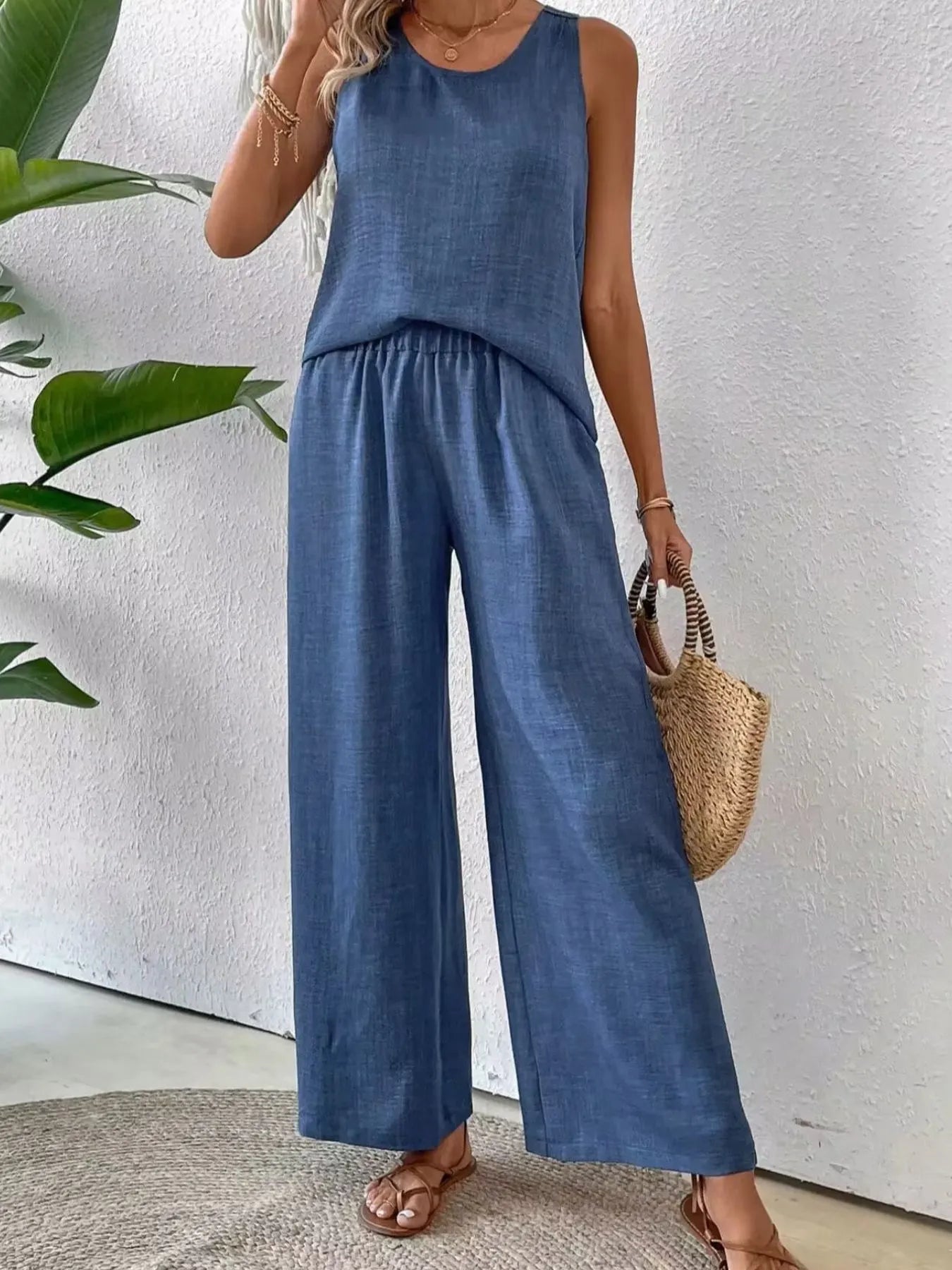 Round Neck Tank and Wide Leg Pants Set - CHIC TB