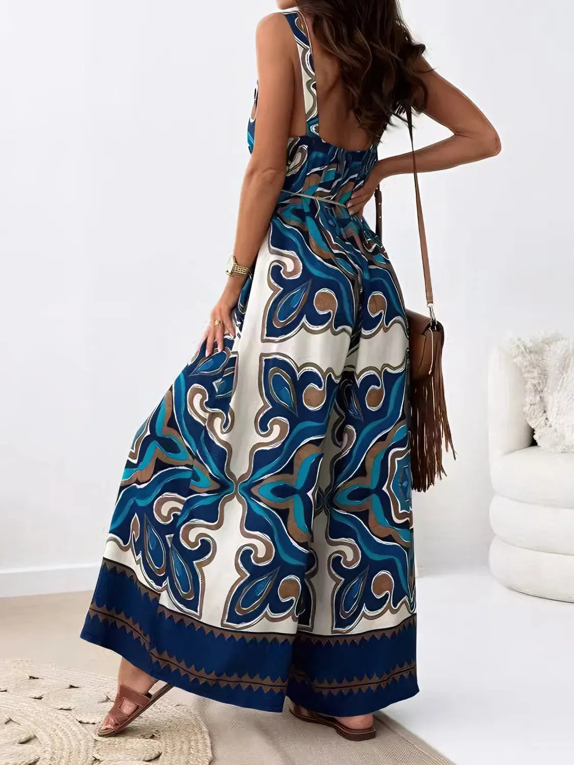 Printed V-Neck Wide Leg Jumpsuit.