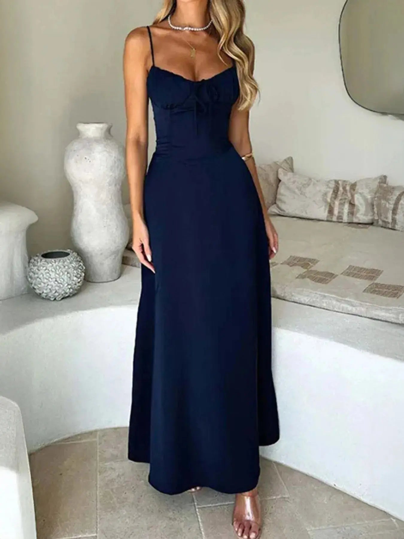 Lace-Up Solid Cami Dress.