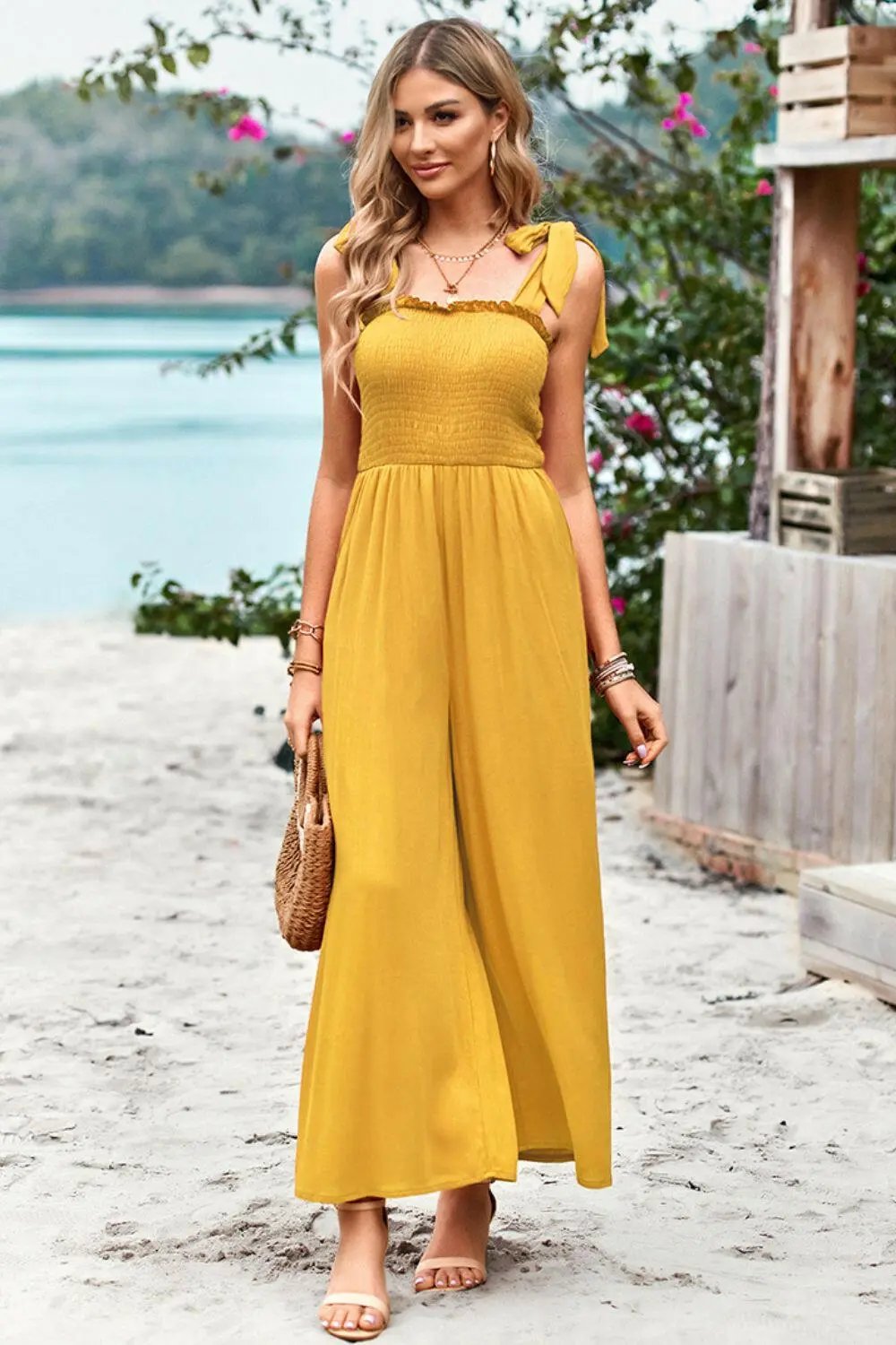 Devine Frill Trim Tie Shoulder Wide Leg Jumpsuit with Pockets.