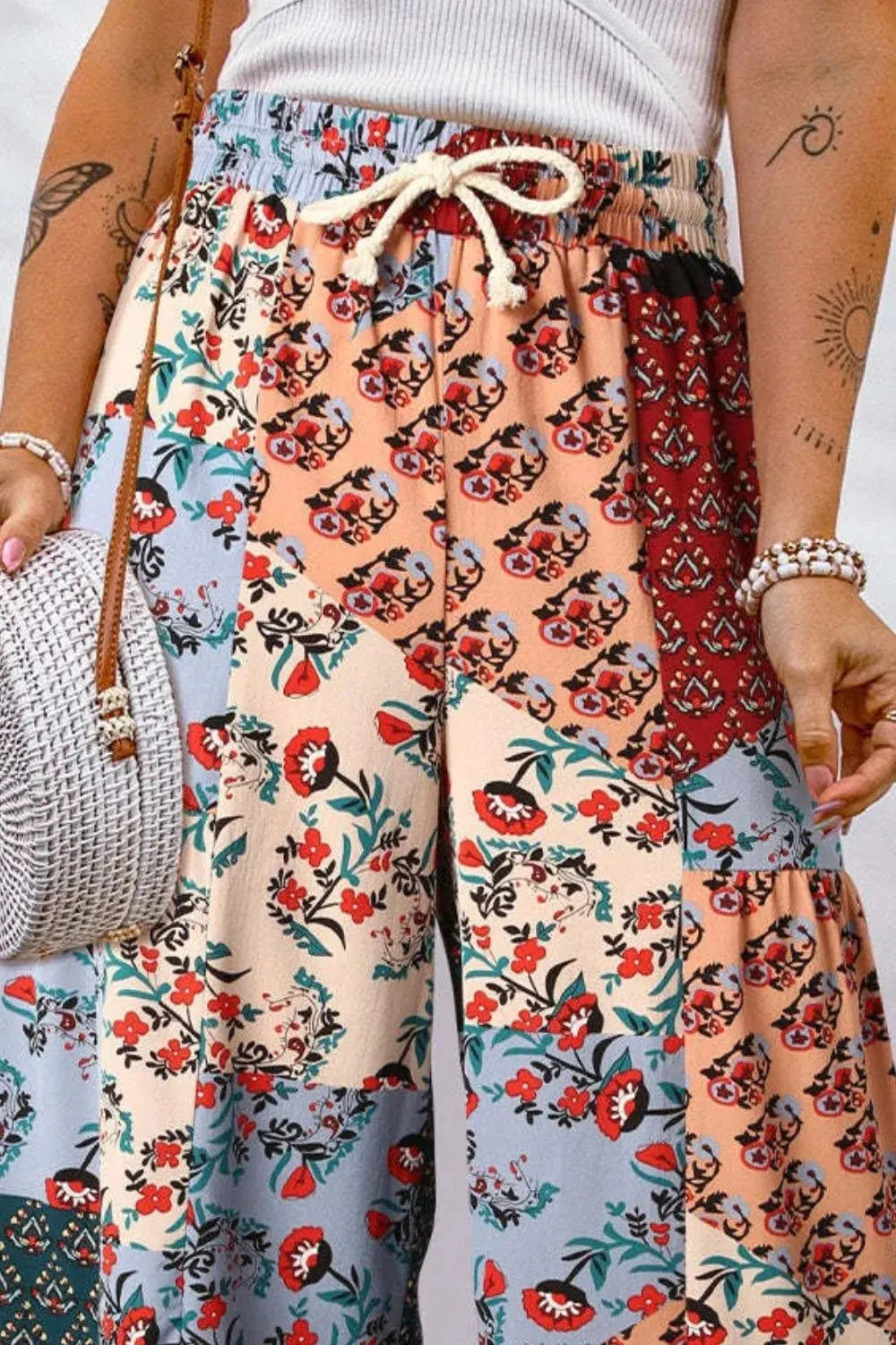 Full Size Drawstring Printed Wide Leg Pants.
