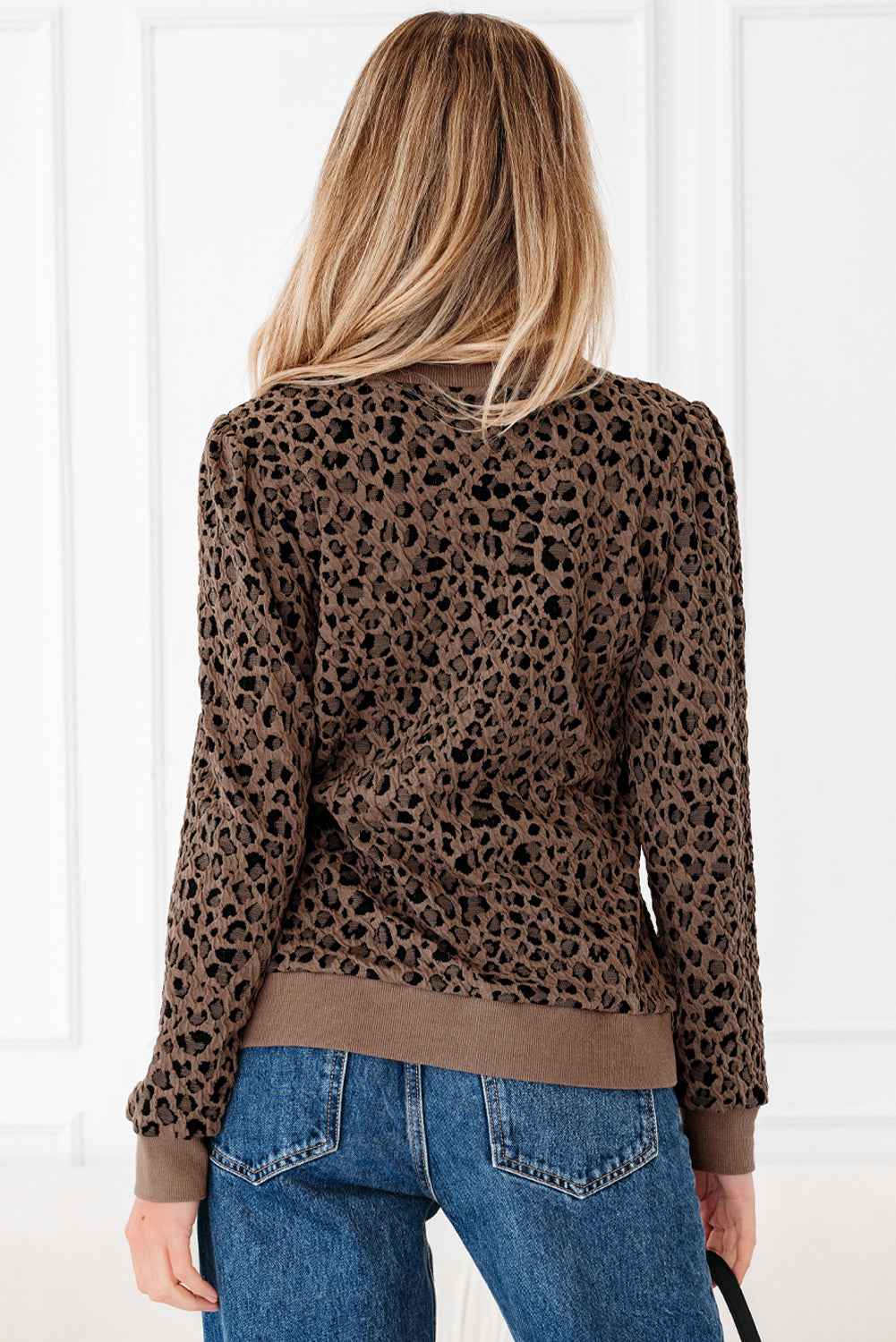 Brown Ribbed Trim Leopard Print Long Sleeve Top