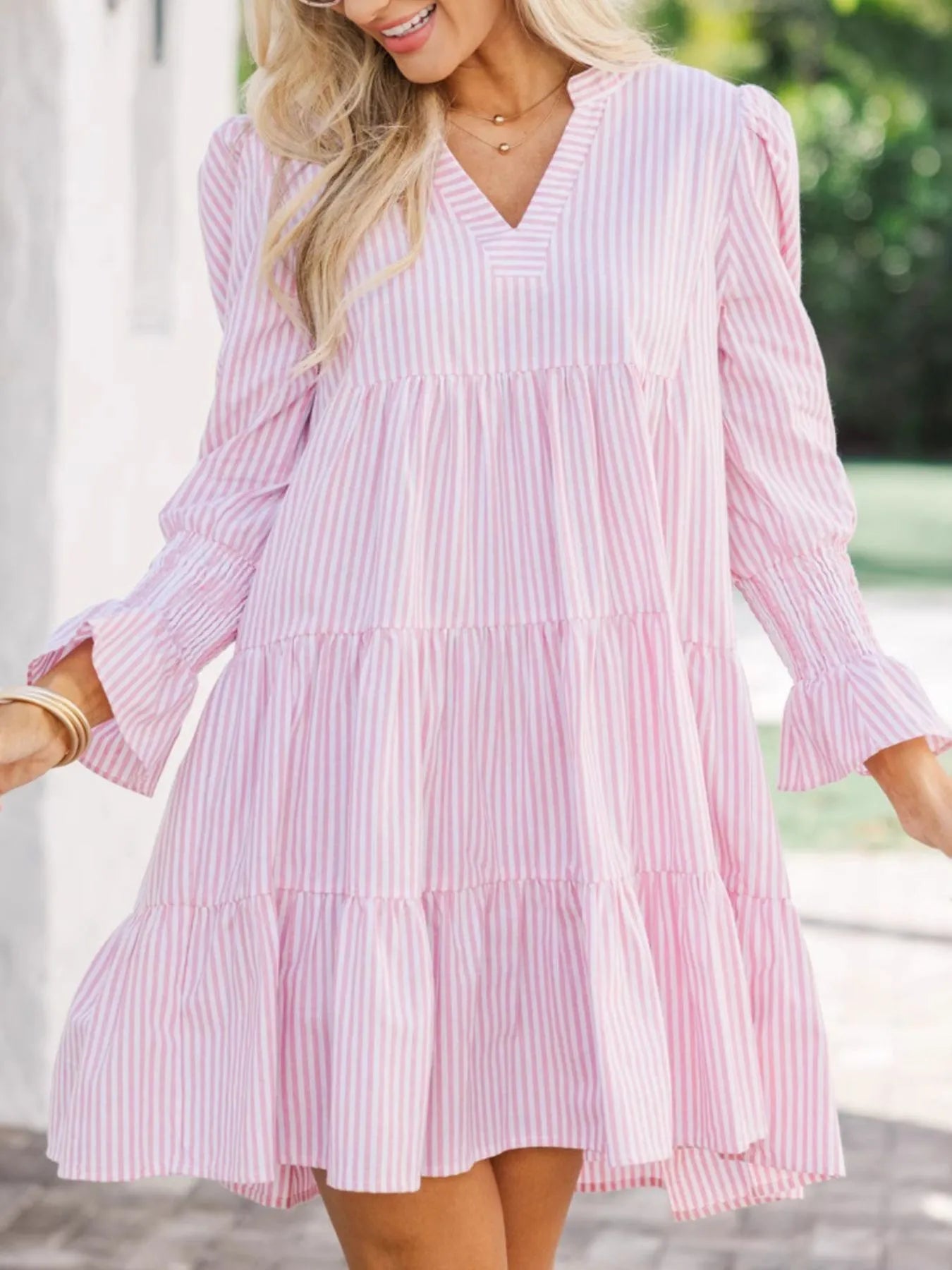 Striped Tiered Flounce Sleeve Shirt Dress.