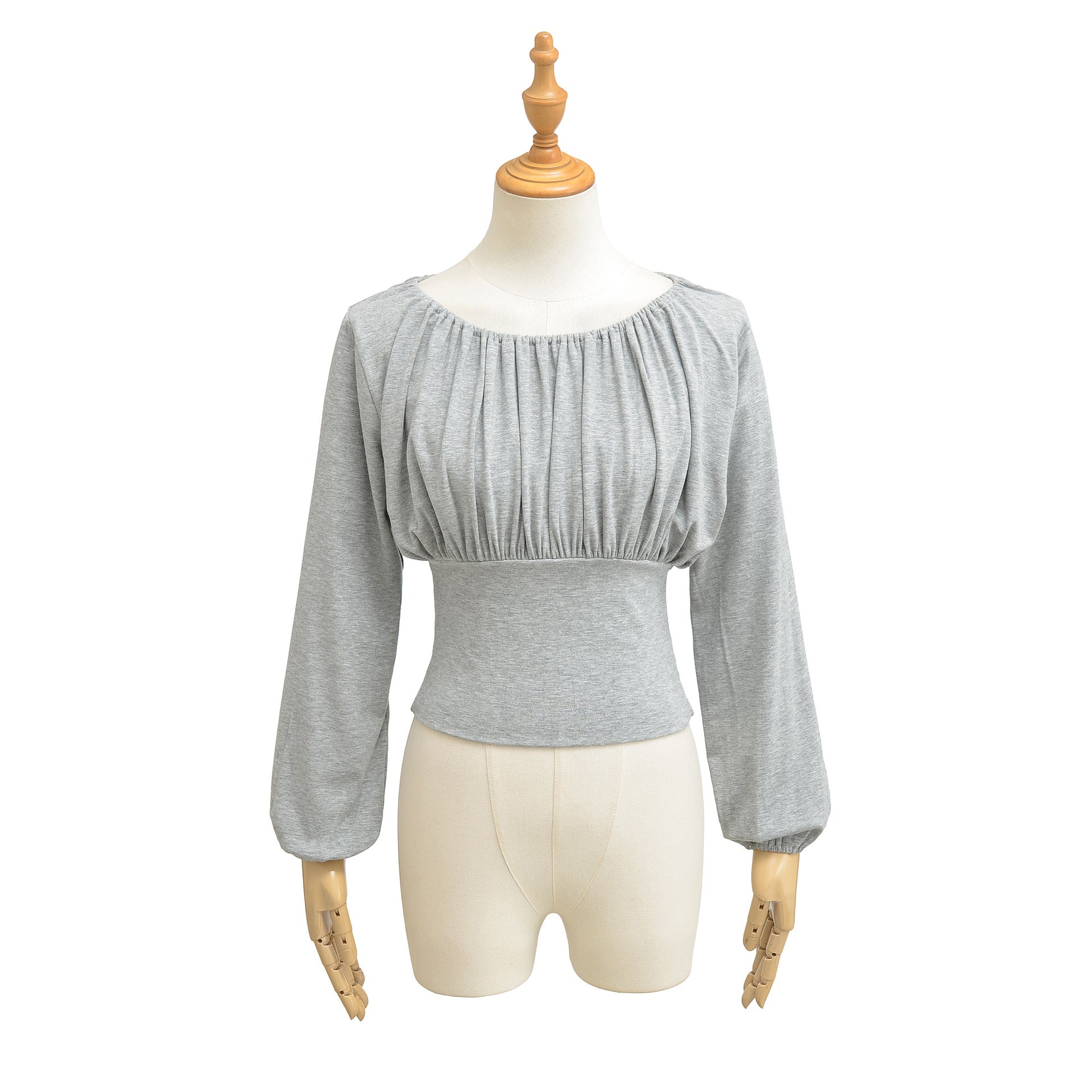 Slim fit pleated waist cinching long sleeved pullover T-shirt