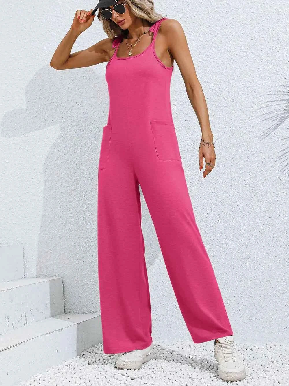 Scoop Neck Tie Shoulder Jumpsuit.