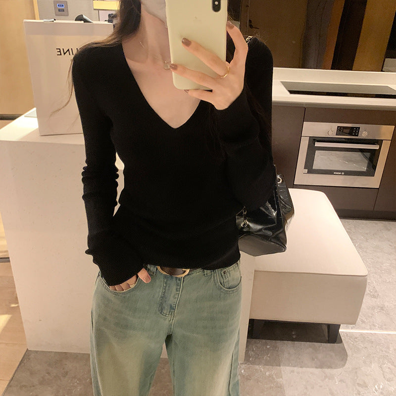 V-Neck Lazy Style Knitted Sweater for Women,Soft Long Sleeve Top, Inner Layer Basic Shirt