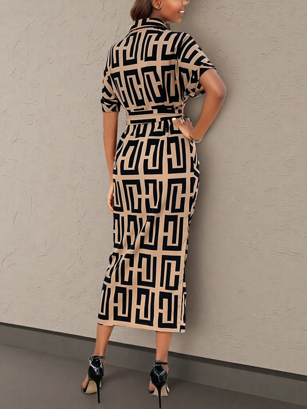Geometric Print Belted Midi Dress.