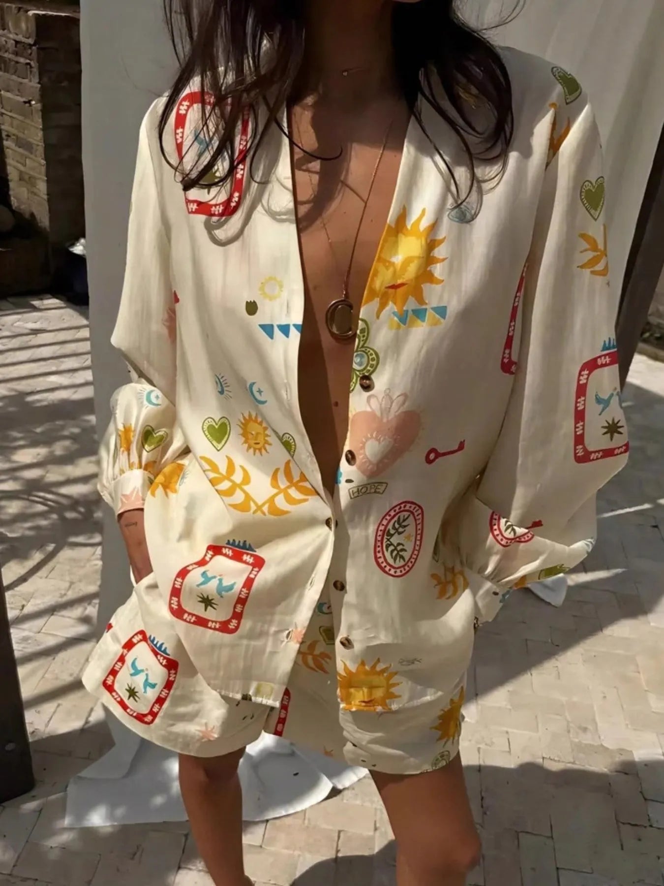 Button Up Long Sleeve Shirt and Shorts Set.