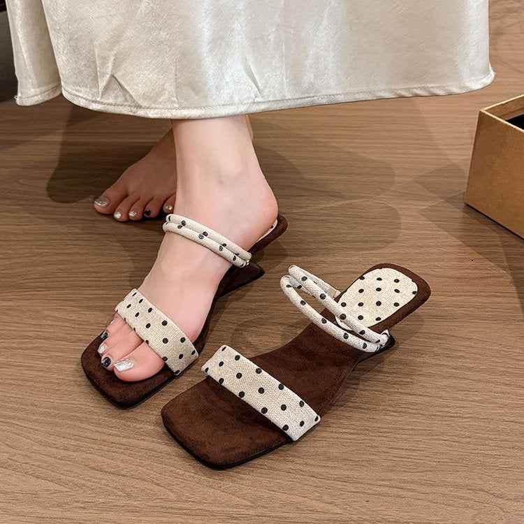 Spring Summer New French Polka Dot Women Wedge Slide Sandals, Fashion Square Toe Open Toe Elegant Mid Heel One Strap Slippers For Outdoor Wear