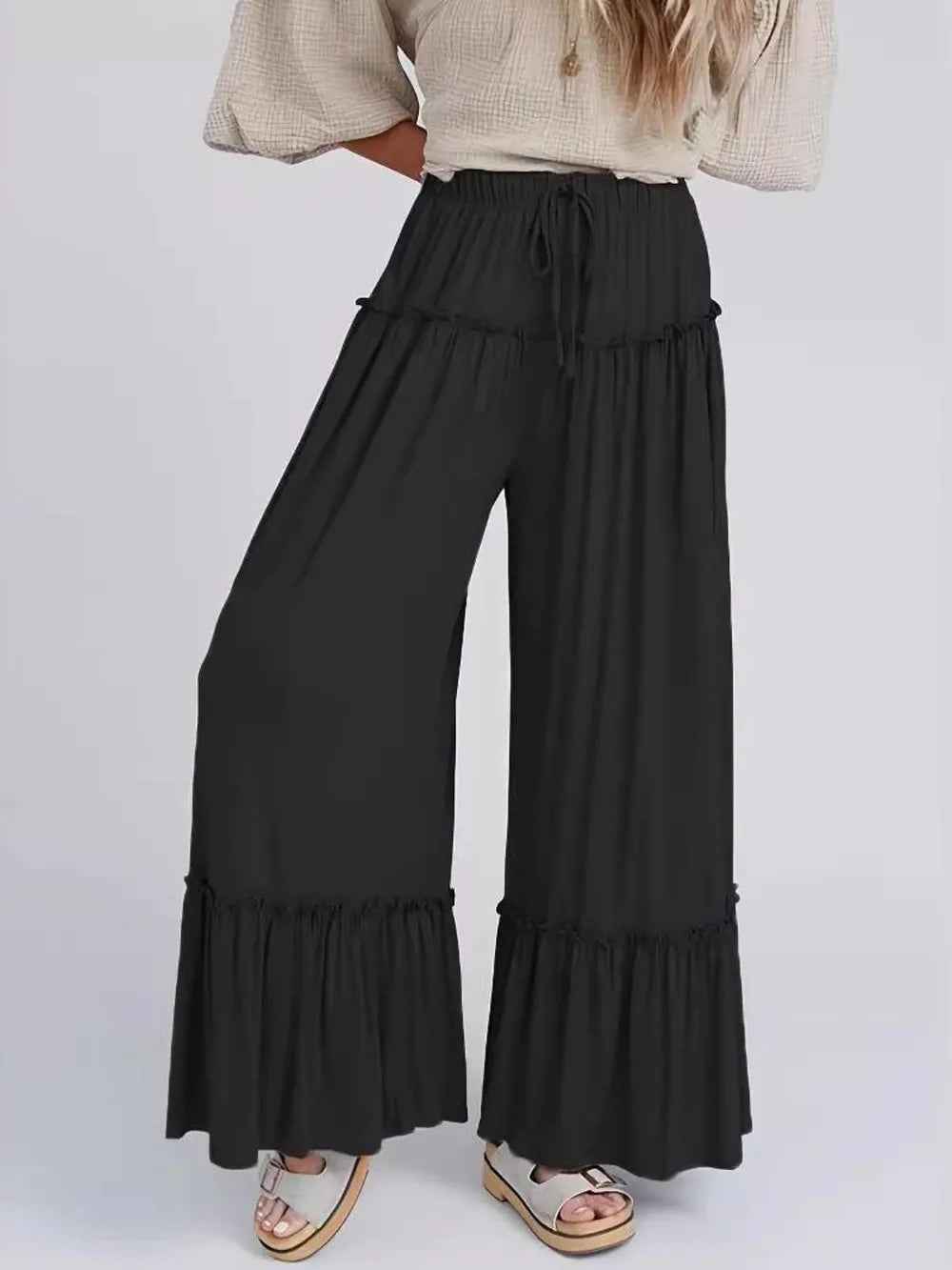 High waisted casual pants for women with drawstring and wide leg pants for women