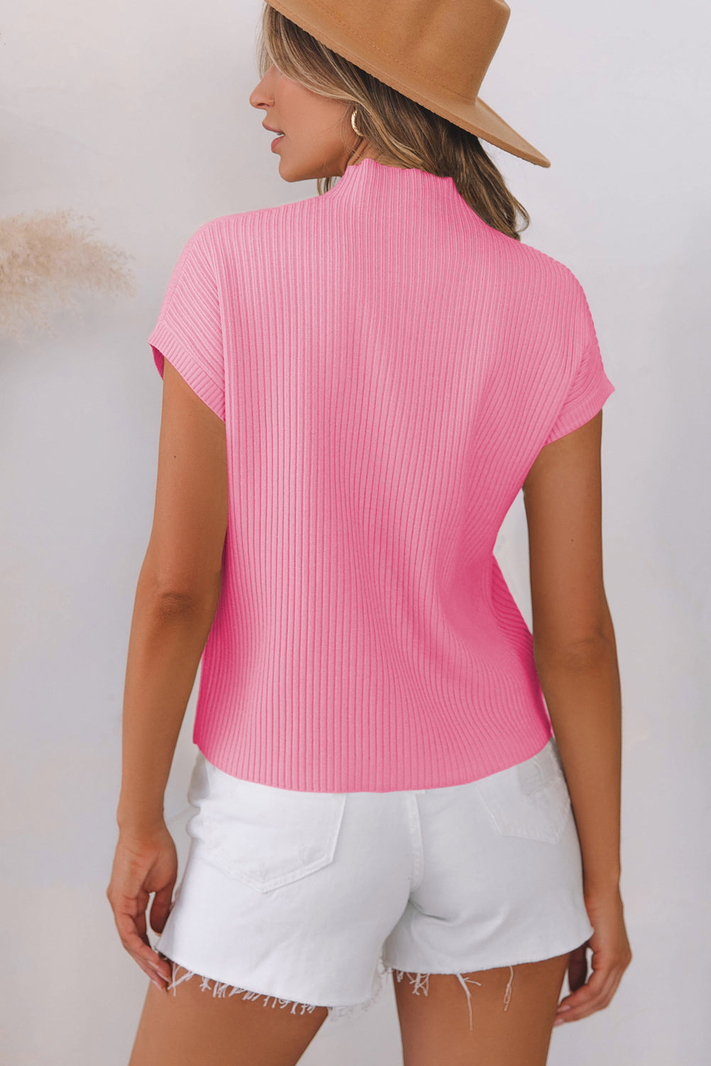 Pink Patch Pocket Ribbed Knit Short Sleeve Sweater Dear-Lover Dropshipping