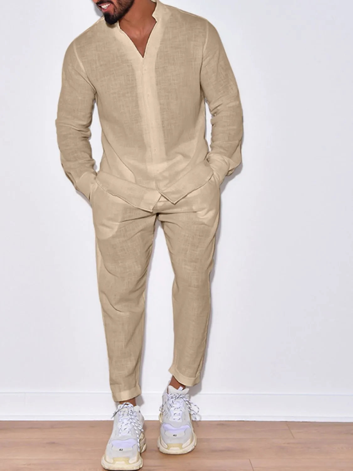 Men's Button Up Long Sleeve Top and Pants Set.