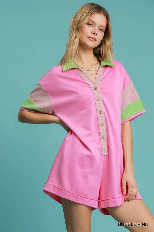 Umgee Contrast Trim Button Front Romper