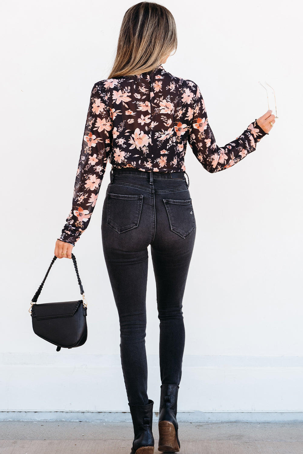 Black Floral Mesh Mock Neck Long Sleeve Slim Fit Top Dear-Lover Dropshipping