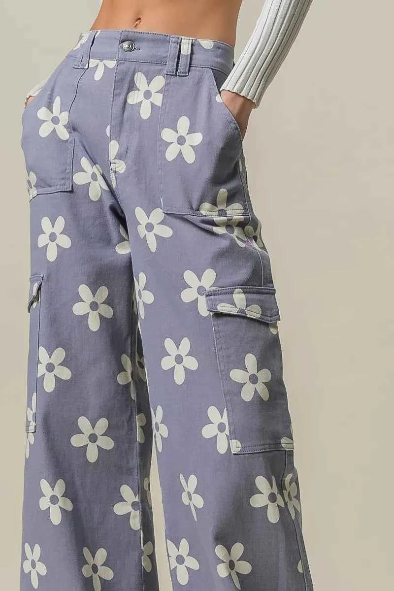 BiBi Flower Printed Side Pocket Wide Pants