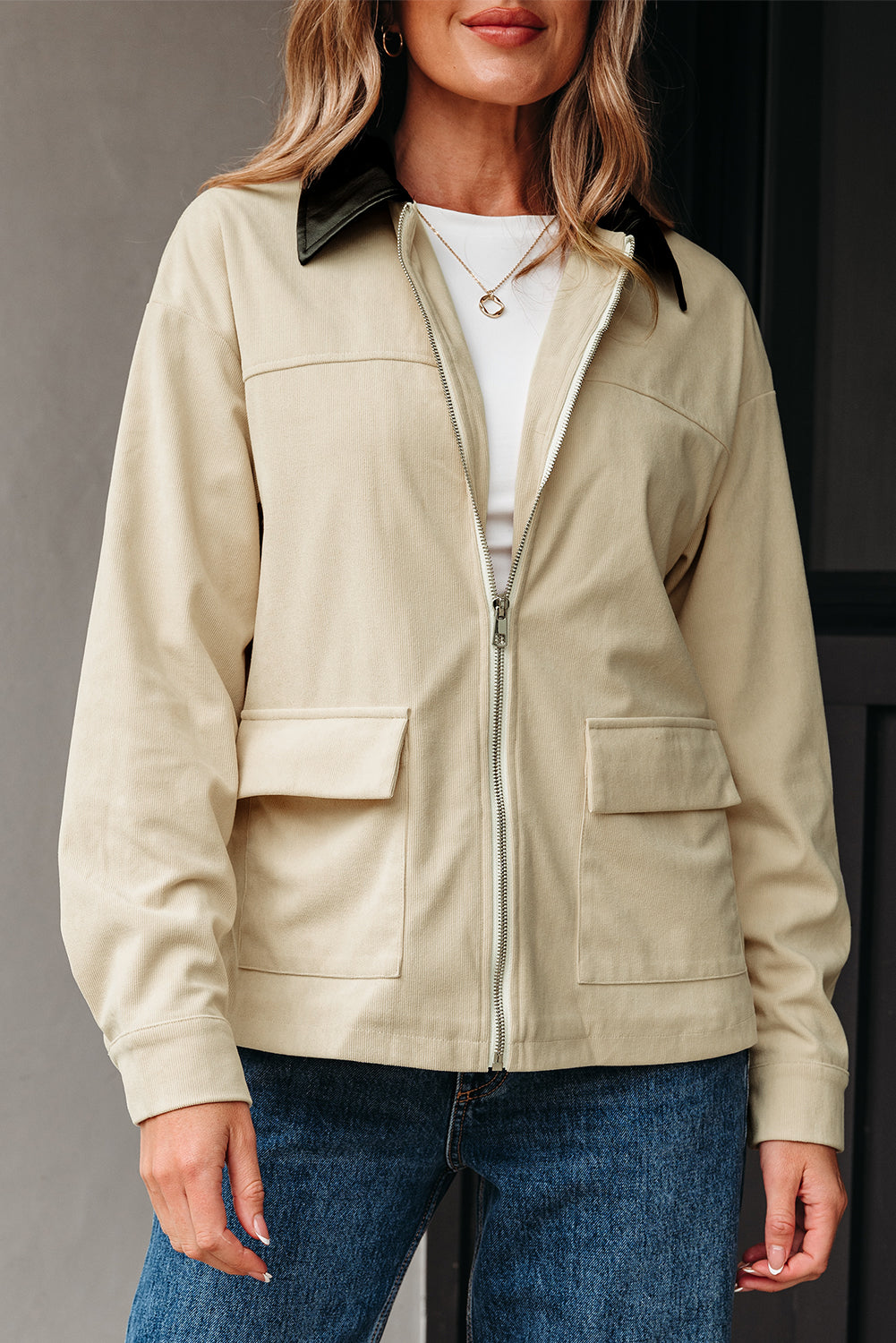 Parchment Contrast Leather Collar Textured Zip Up Jacket Dear-Lover Dropshipping