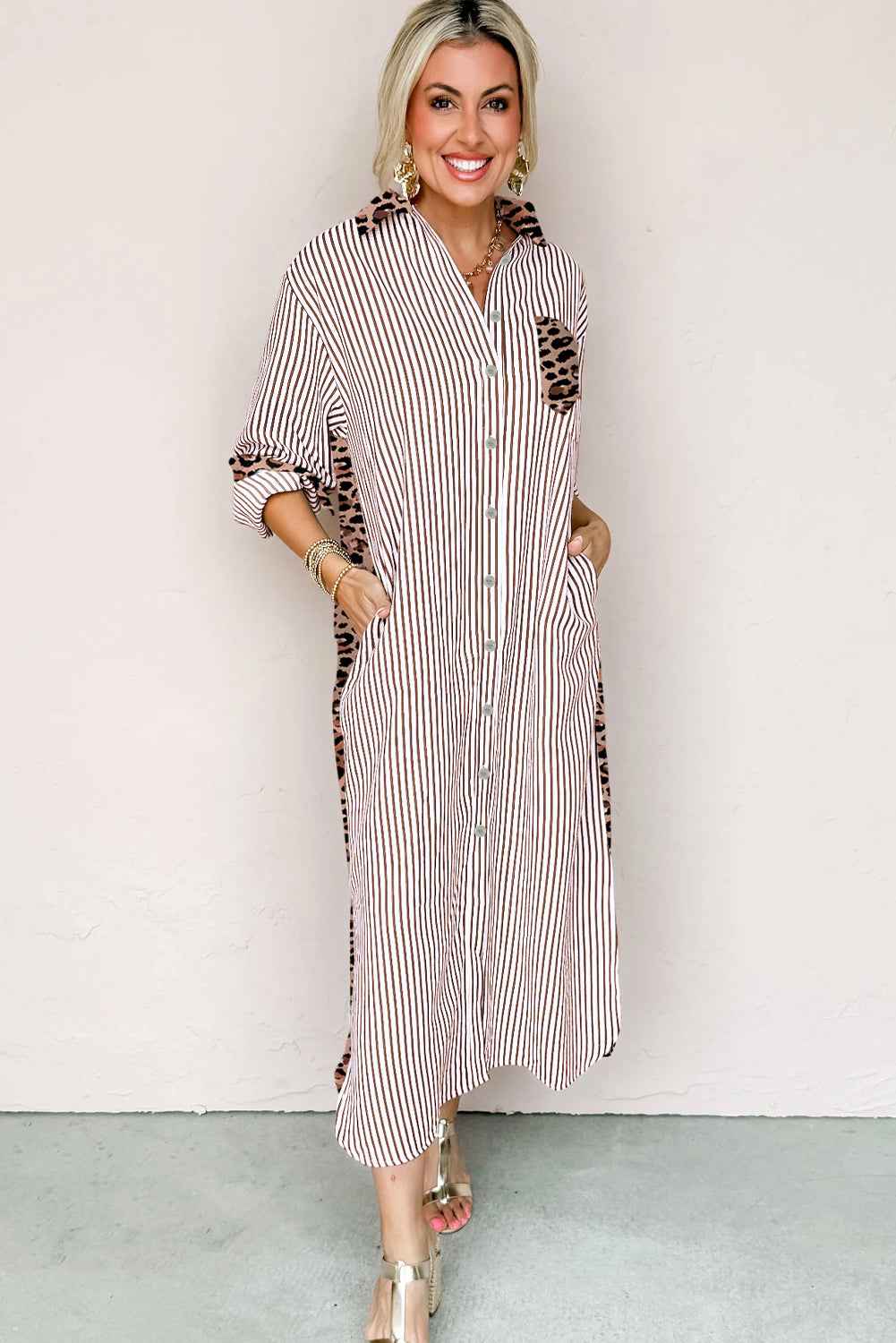 Brown Stripe Contrast Leopard Patchwork Long Shirt Dress with Slits
