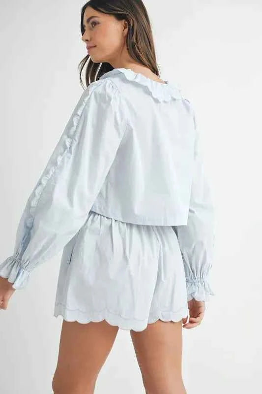 Long Sleeve Scallop Blouse and Shorts Set