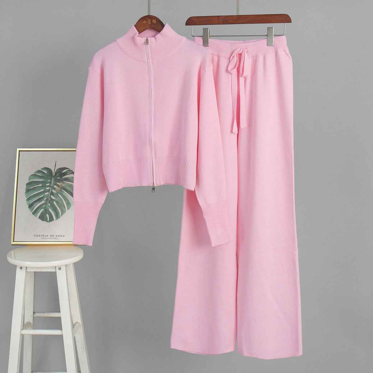 Double zipper knitted slim sweater set