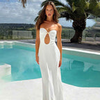 Solid color elegant strapless U-neck high waisted long dress