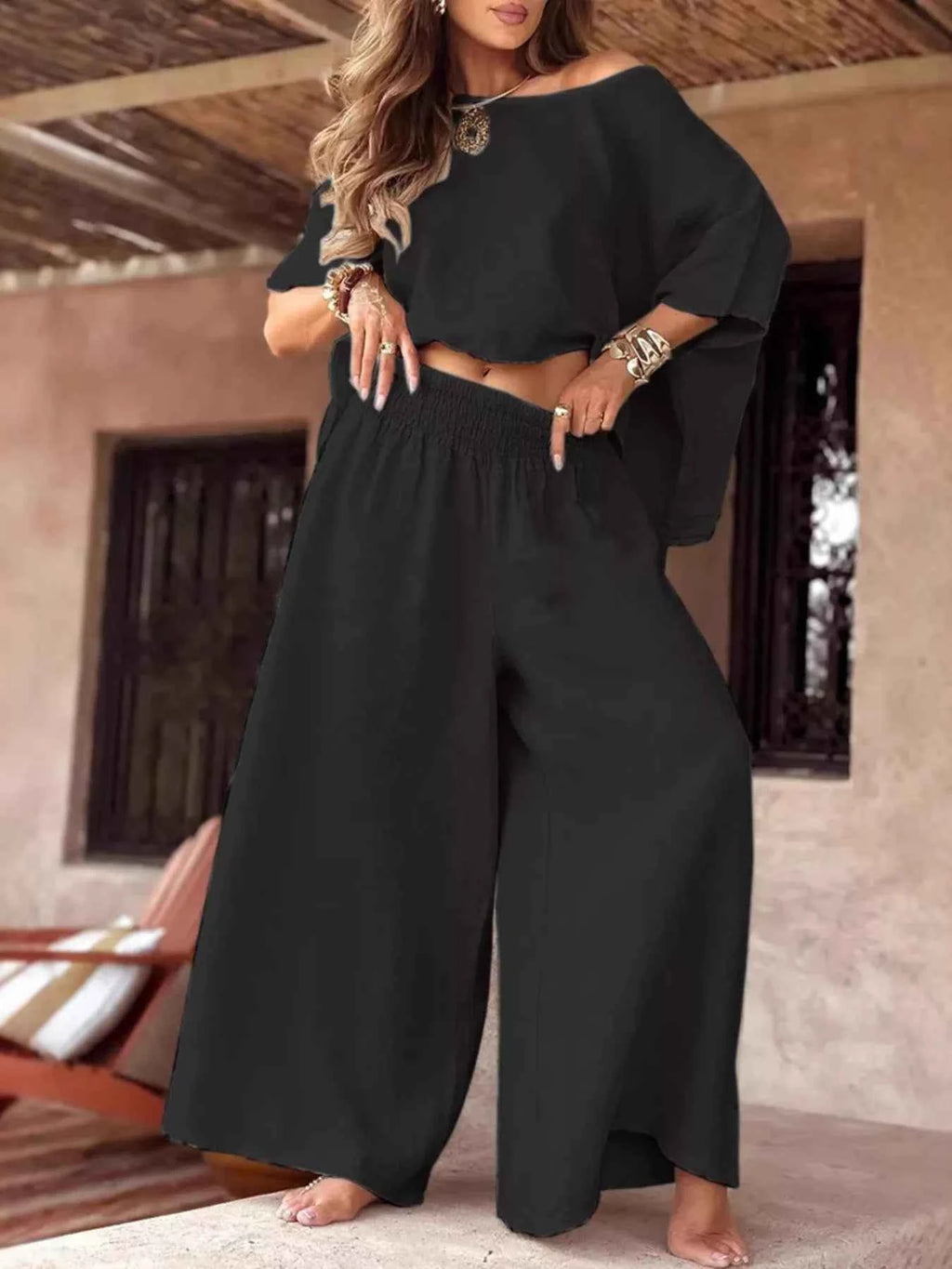 Full Size Boat Neck Top and Wide Leg Pants Set Plus Size.