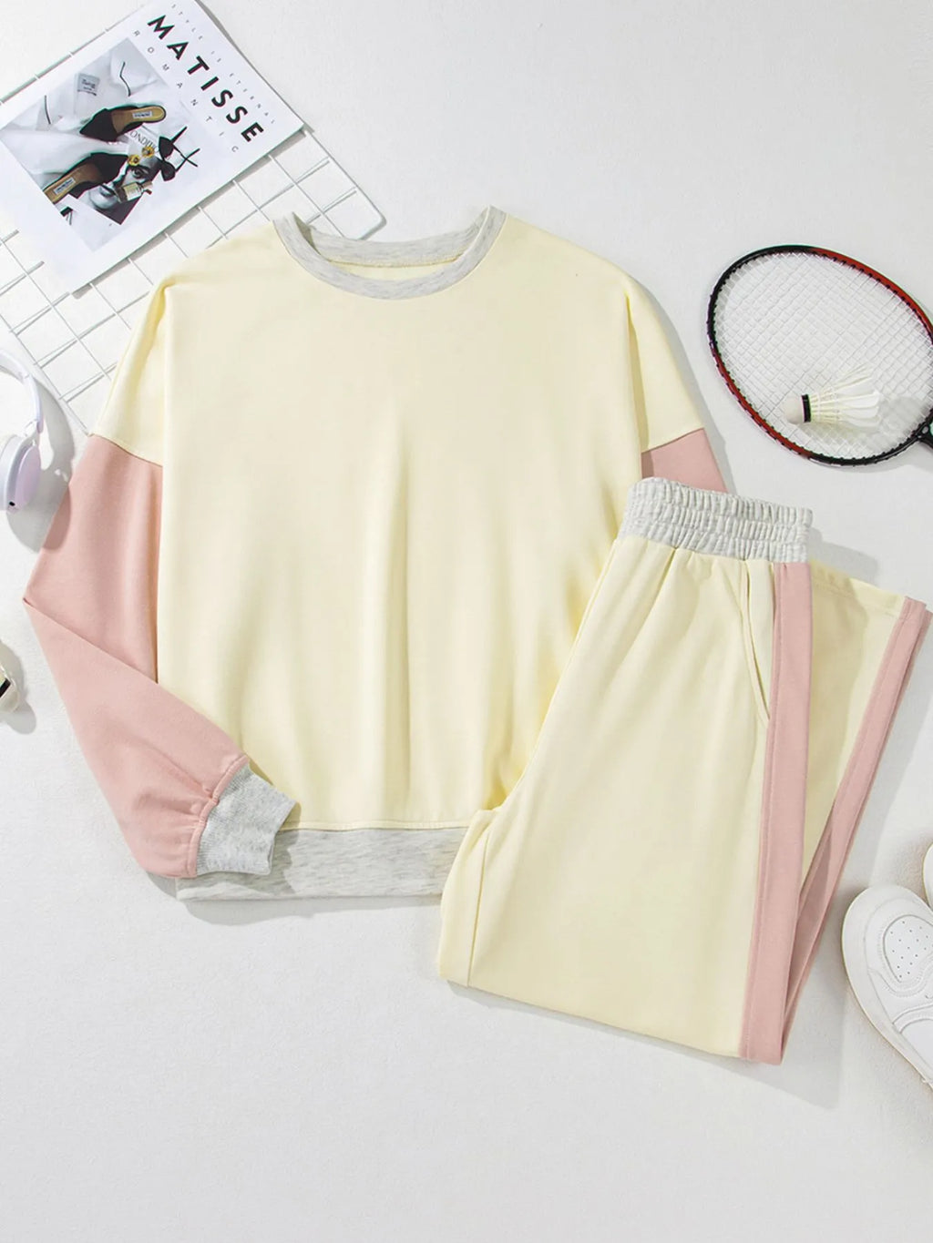 Color Block Round Neck Top and Pants Set.