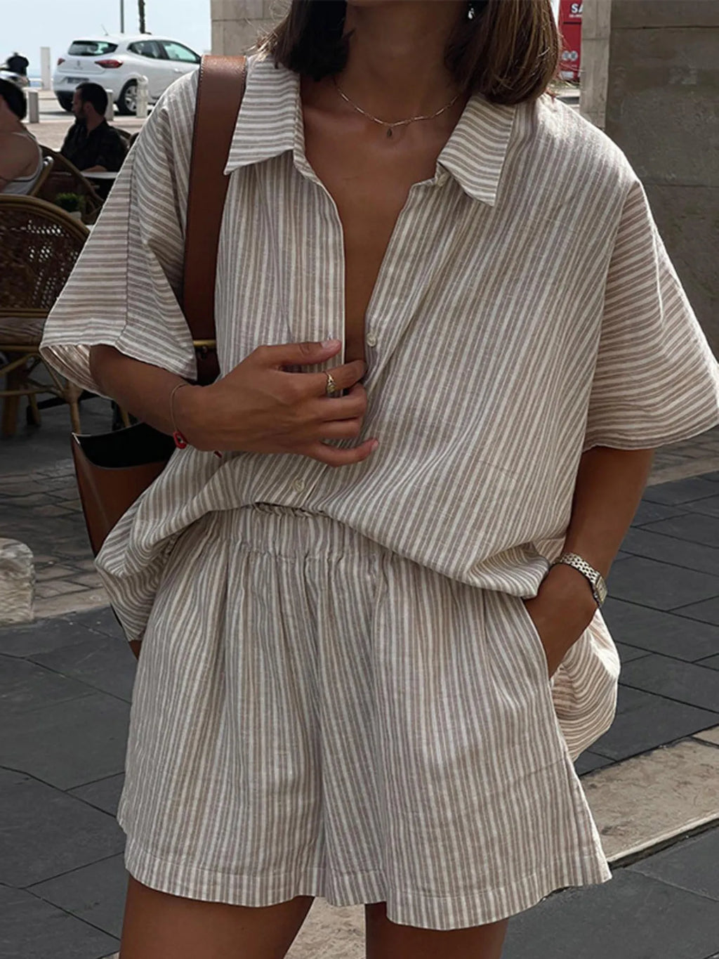 Casual Striped Short Sleeve Top and Shorts Two-Piece Set.