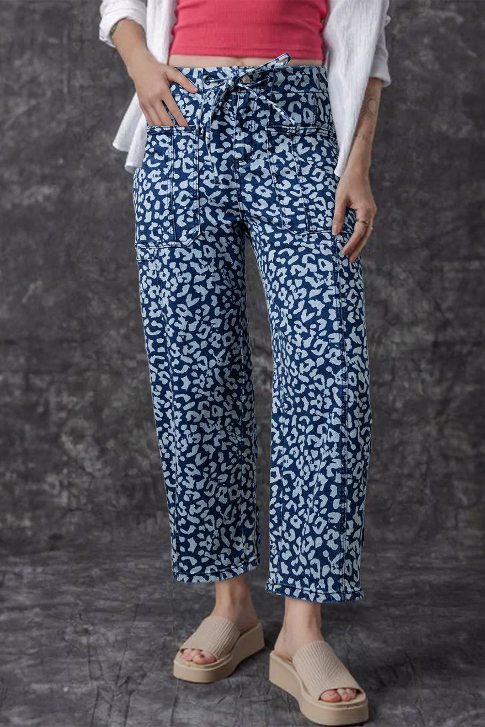 Blue Leopard Printed Drawstring Elastic Waistband Pocketed Wide Leg Jeans Dear-Lover Dropshipping