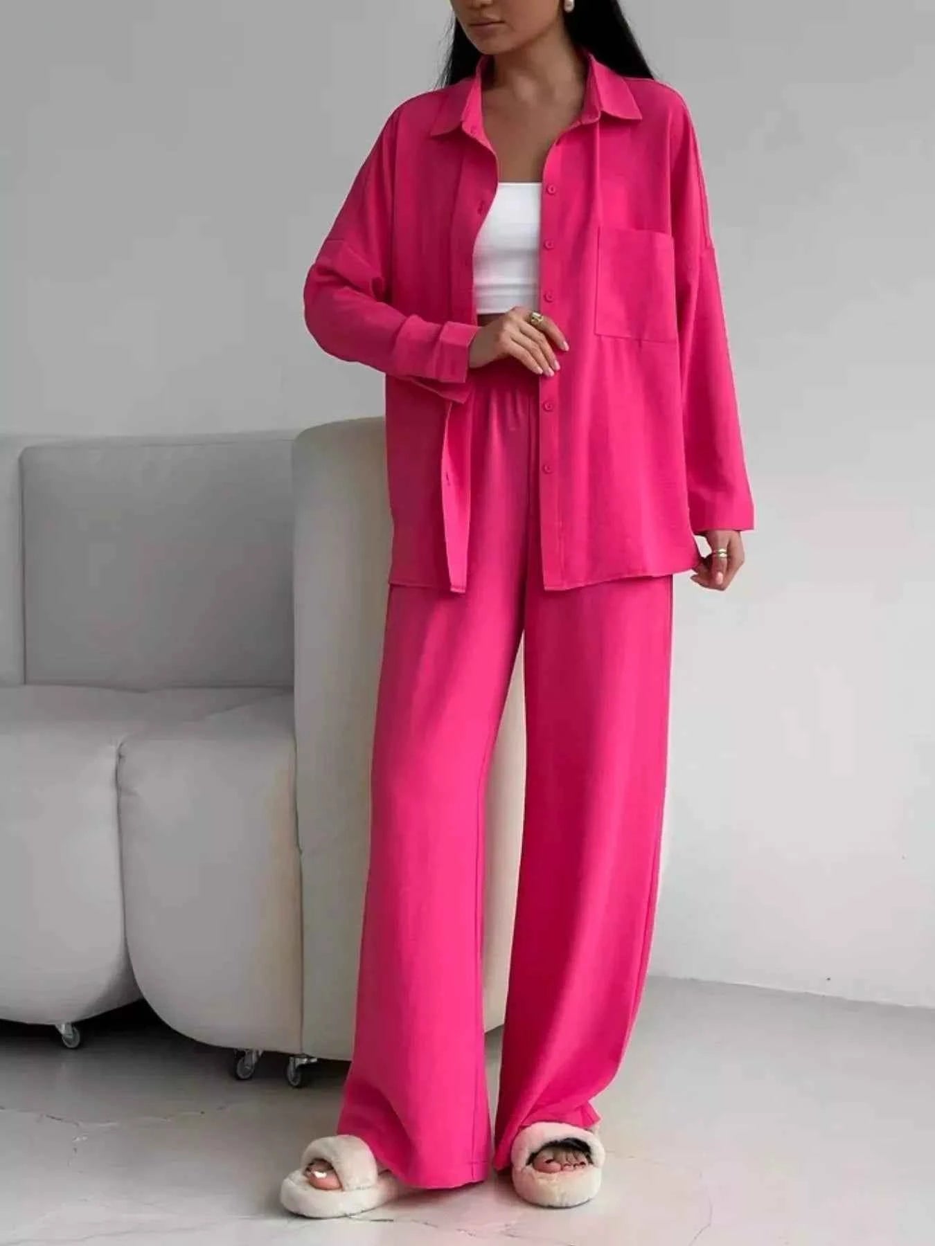 Button Up Long Sleeve Shirt and Pants Set
