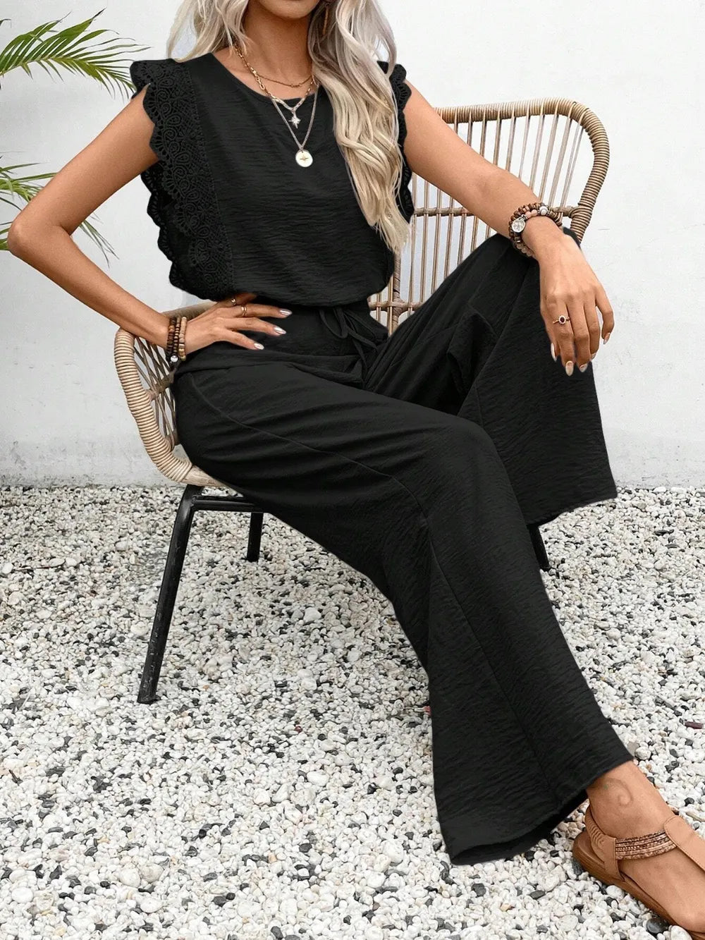 Lace Trim Round Neck Top and Pants Set - CHIC TB