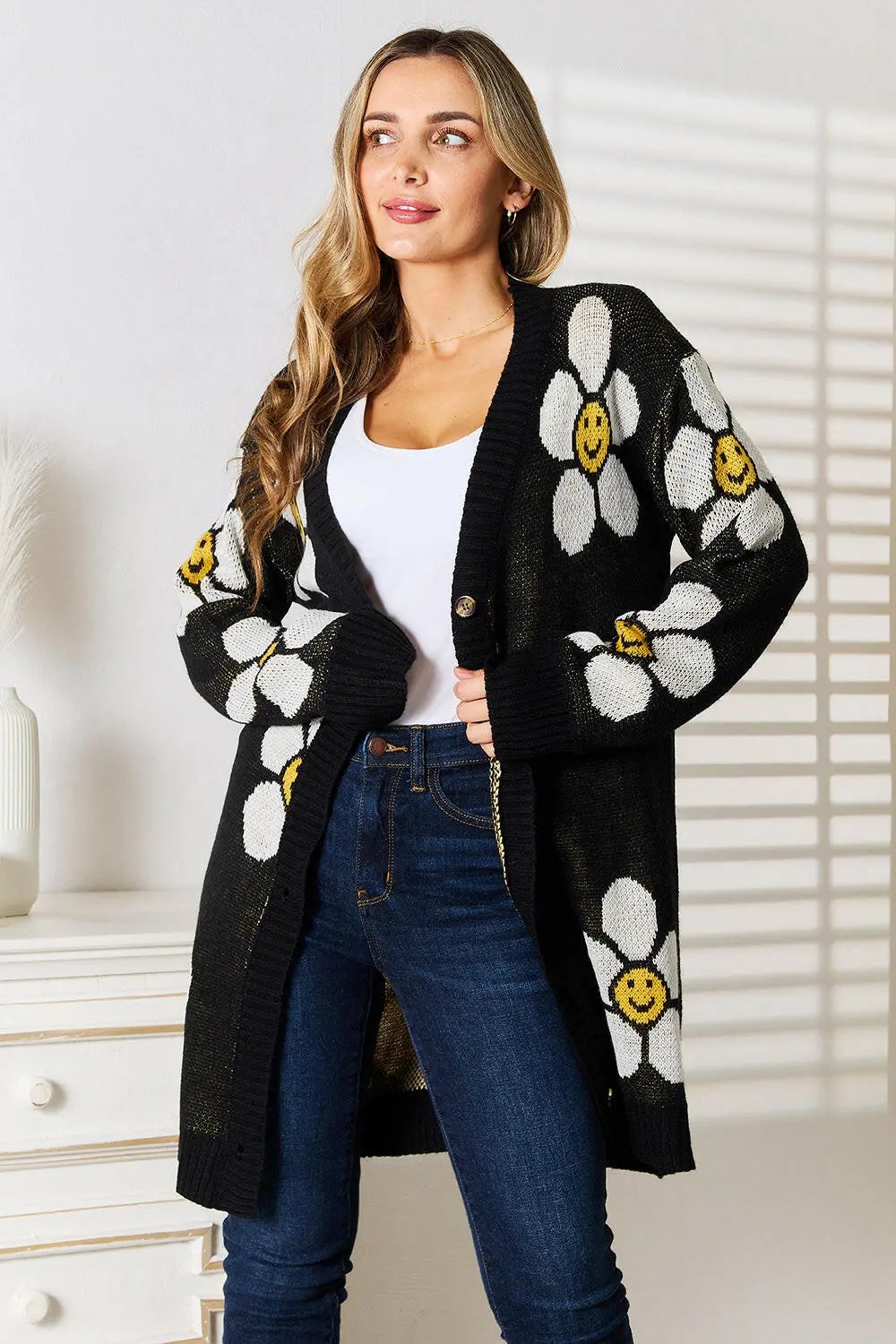 Perfee Floral Button Down Longline Cardigan.