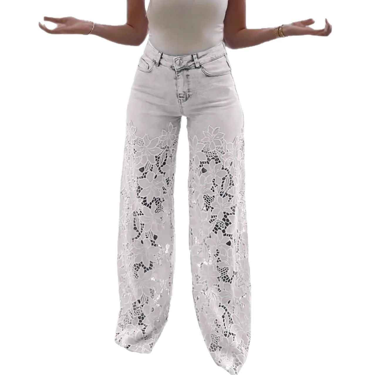 Fashionable Patchwork Denim Jeans For Women With Hollowed-Out Lace Details