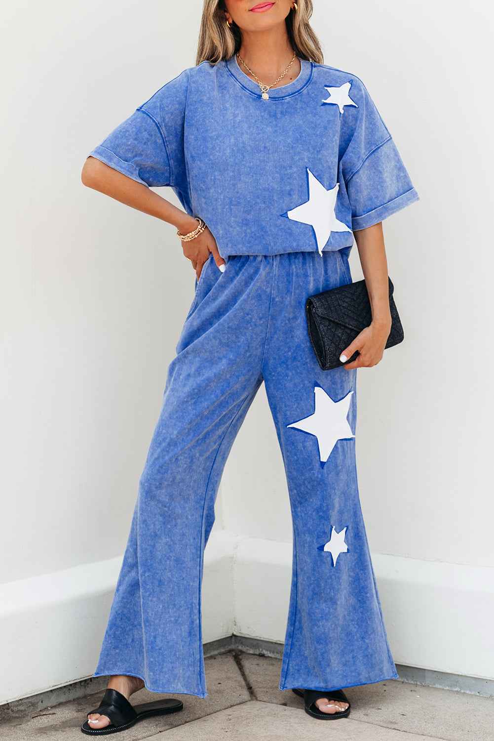 Ashleigh Blue Acid Wash Star Patched Rolled Trim Pants Set