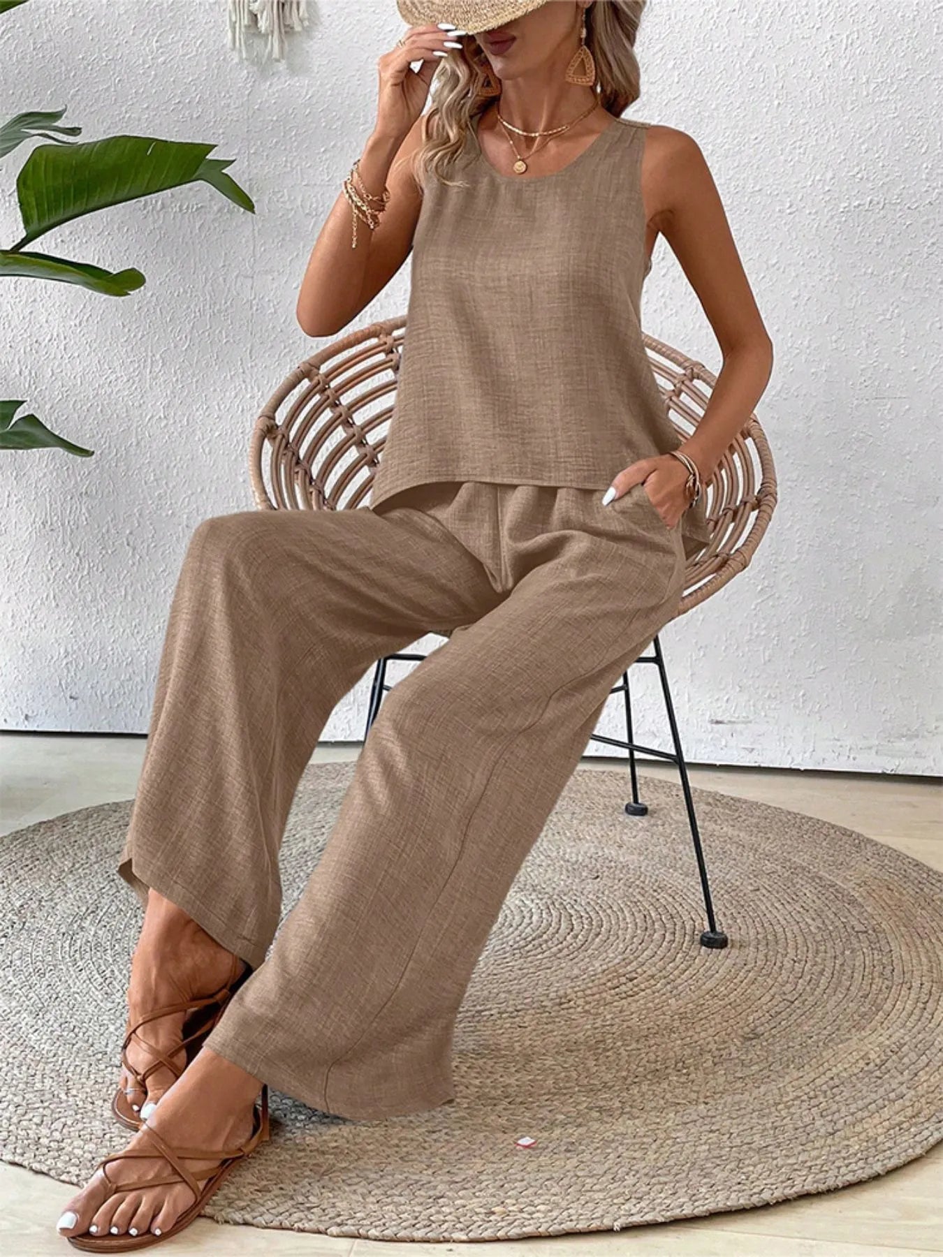 Round Neck Tank and Wide Leg Pants Set - CHIC TB
