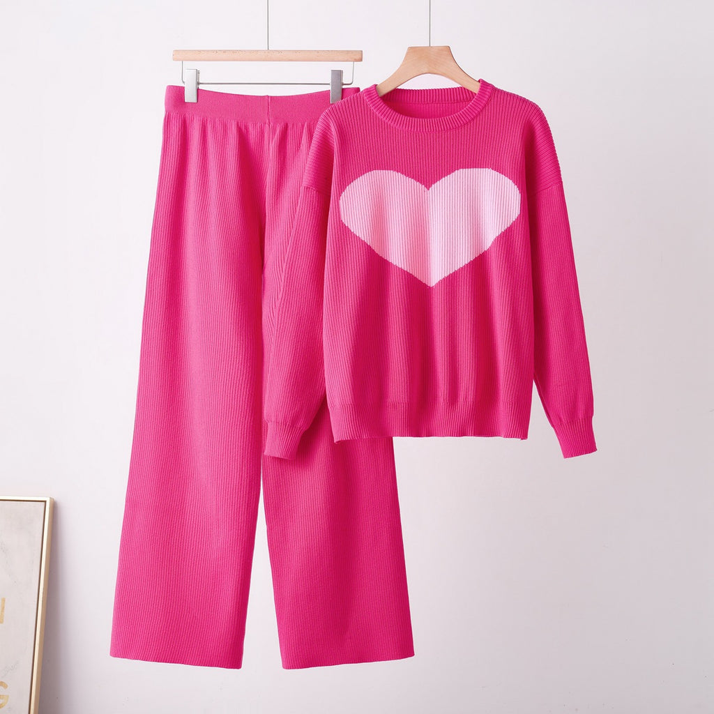 Heart Knit Sweater and Wide-Leg Pants Set