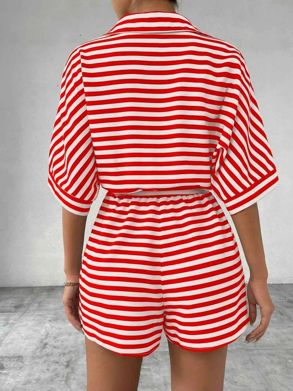 Tie Waist Half Button Striped Romper