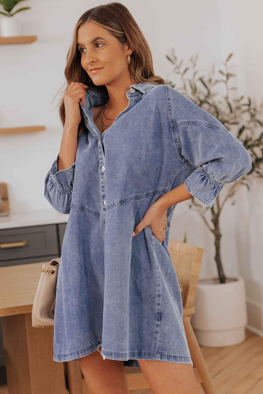 Sky Blue Buttoned Long Sleeve Denim Mini Dress Dear-Lover Dropshipping