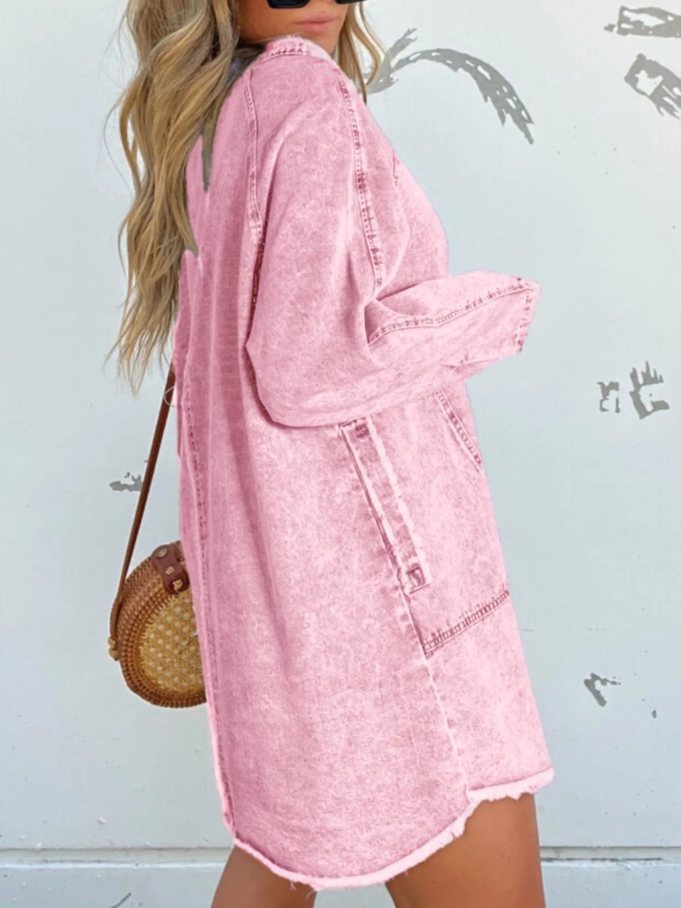 Full Size Button-Front Long Sleeve Denim Shirt Dress Plus Size.