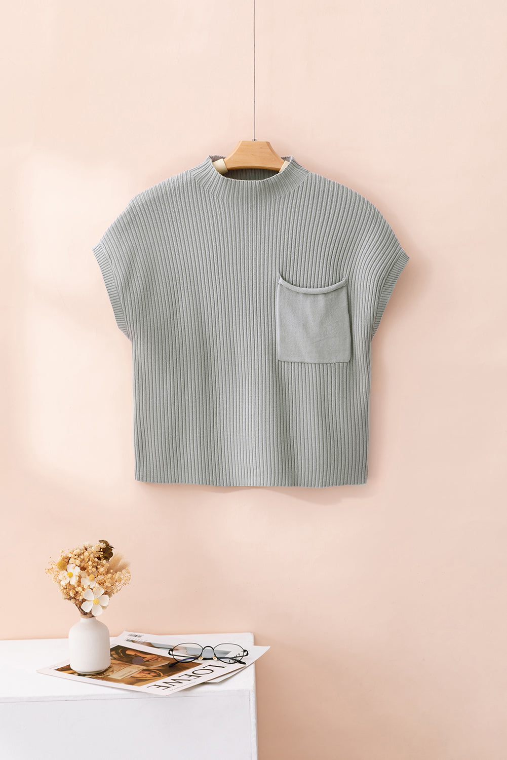Gray Patch Pocket Ribbed Knit Short Sleeve Sweater Dear-Lover Dropshipping